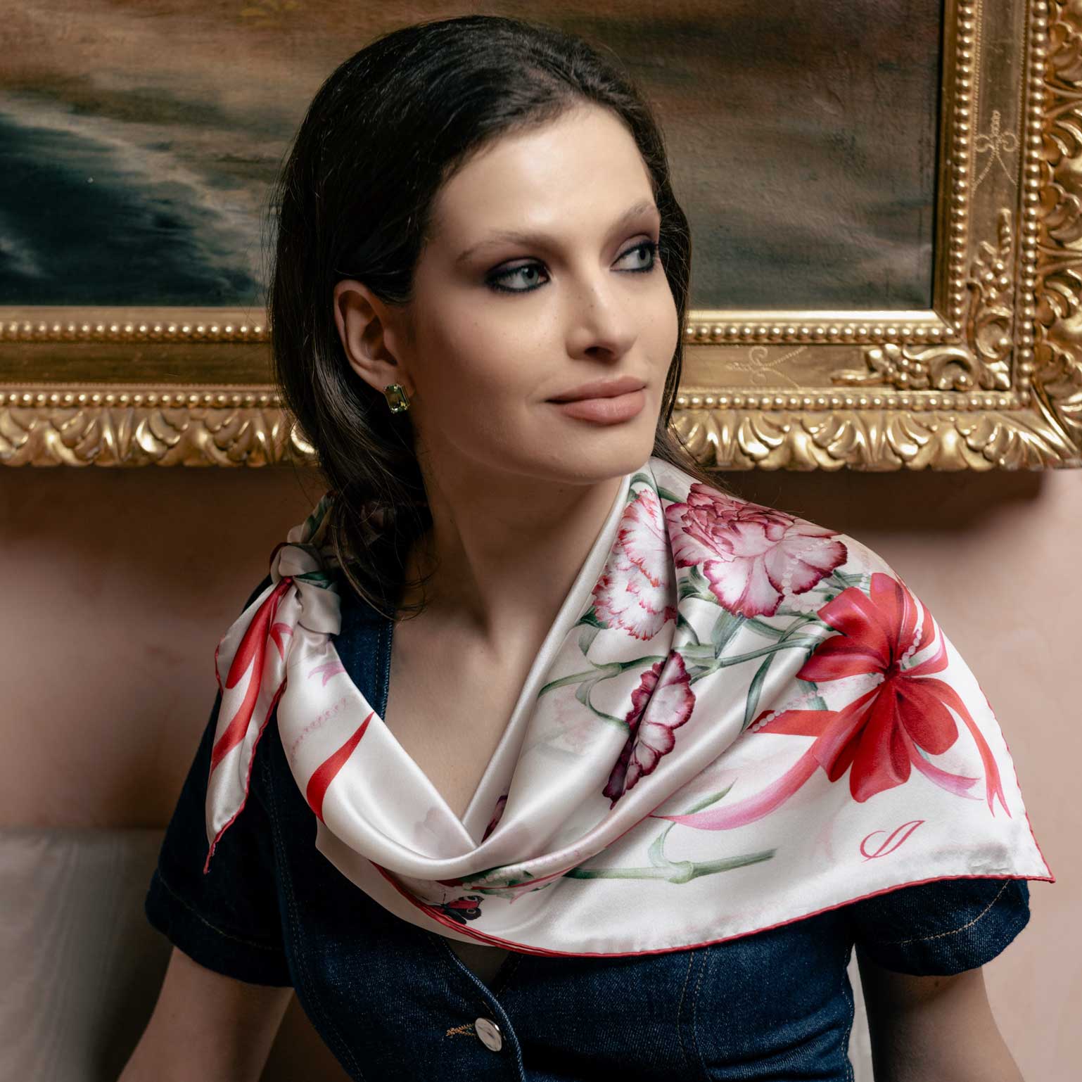 Luxury carnation print silk square scarf for women