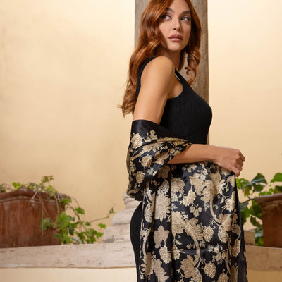 Black and gold silk satin evening wrap for dresses