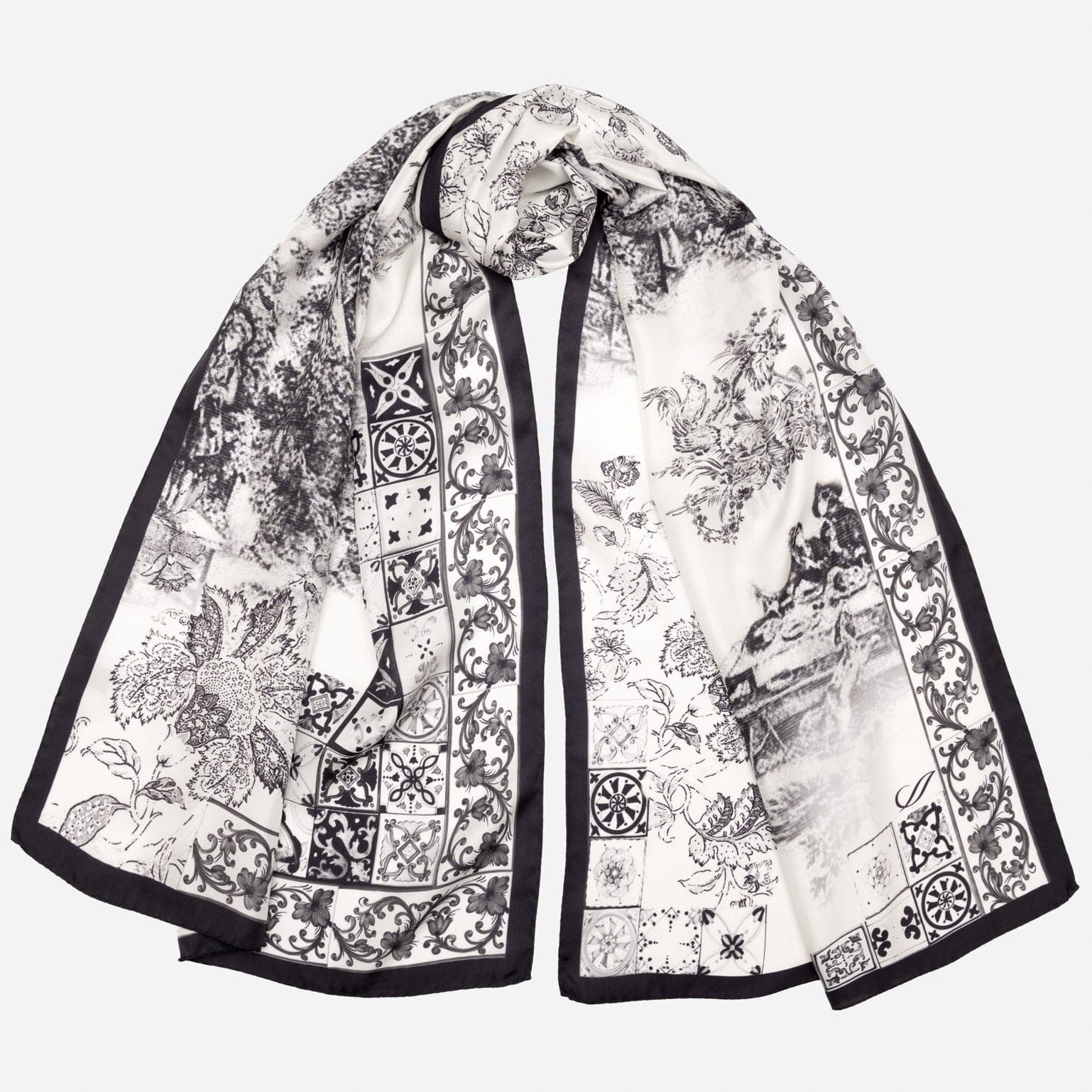 Women's Black Toile de Jouy Italian Silk Scarf