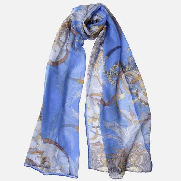Women's Equestrian Italian Blue Long Silk Scarf