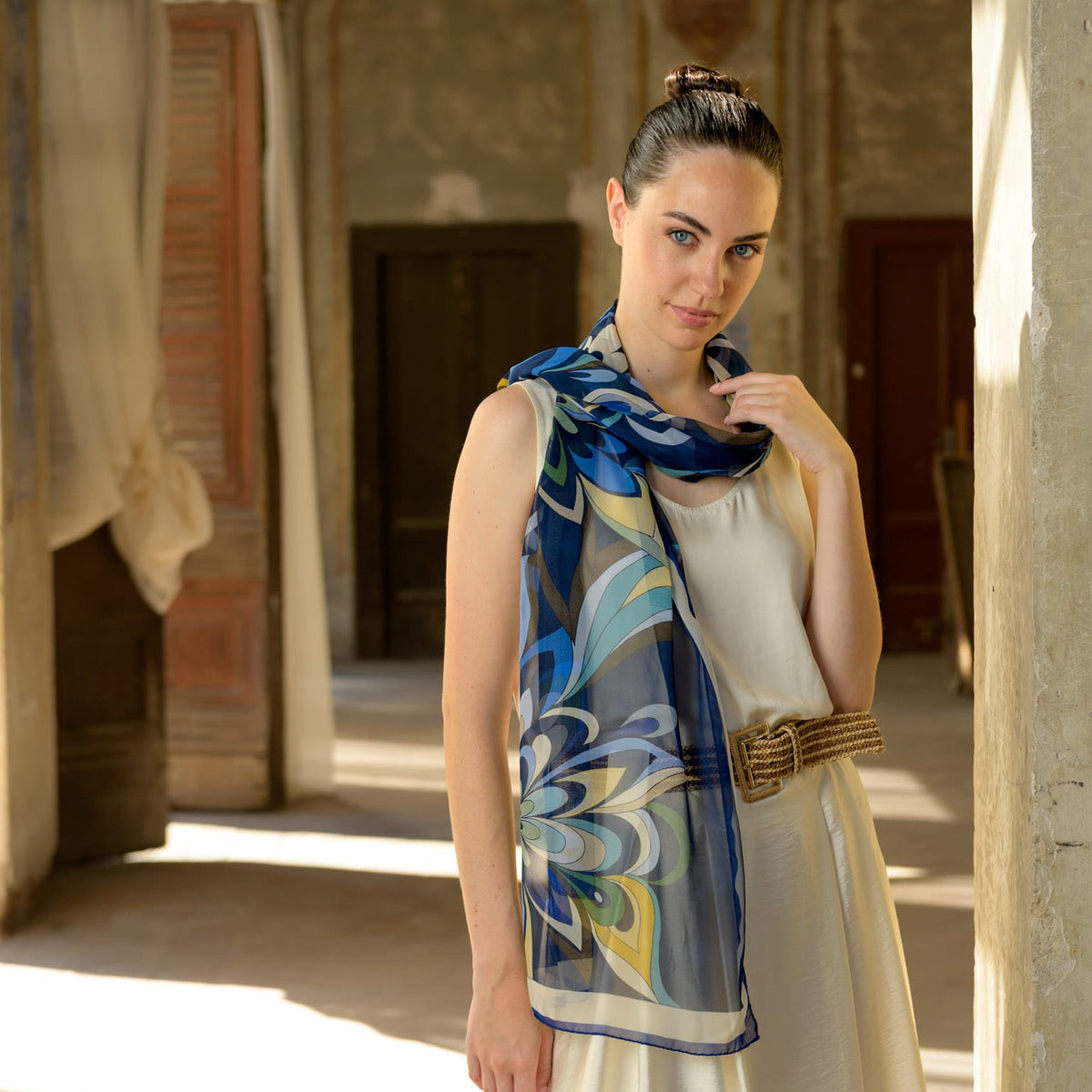 Women's Blue Italian Long Silk Scarf