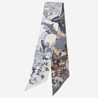 Dusty Blue Floral Italian Skinny Silk Scarf