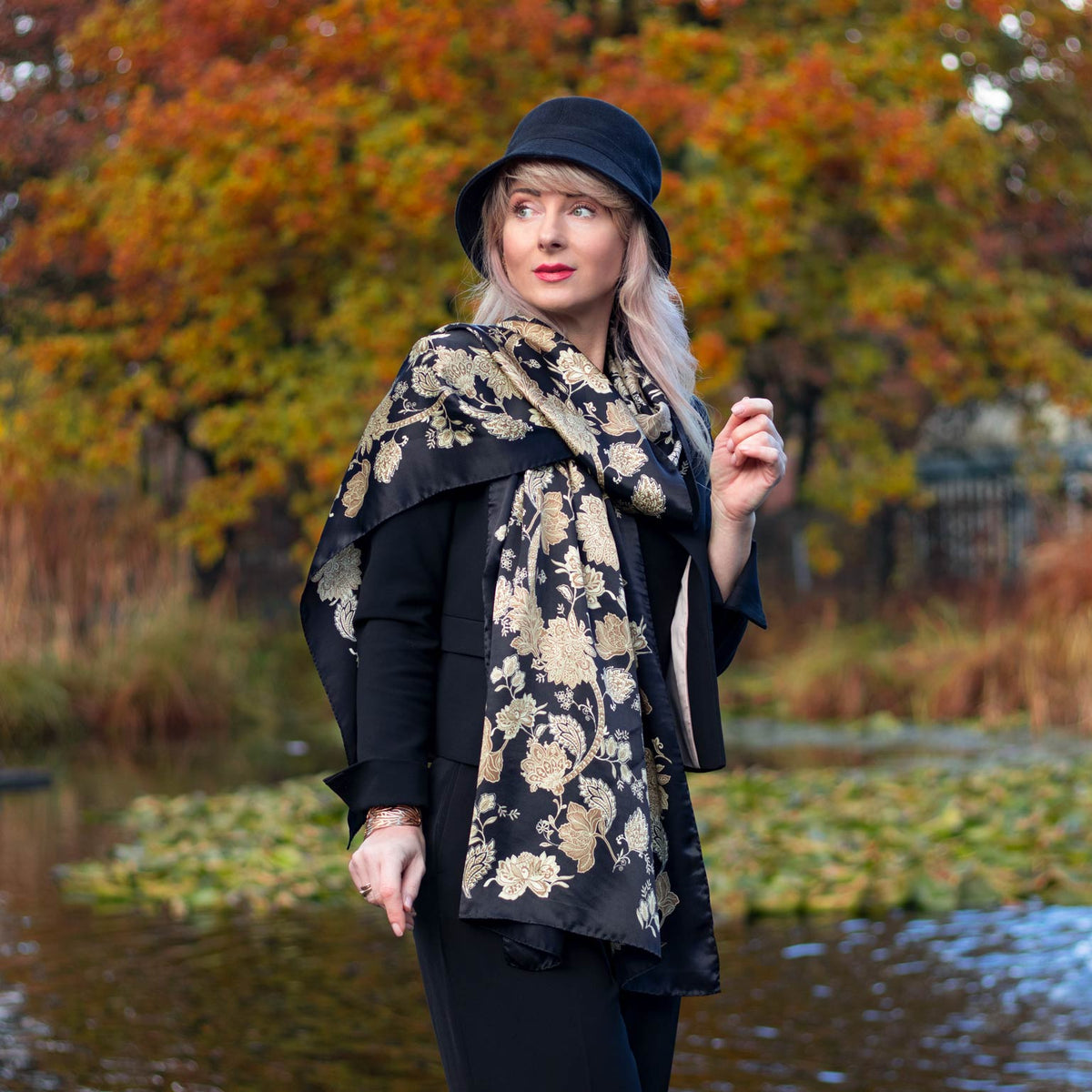 Italian Silk Satin Evening Shawl - Black & Gold Italian Silk Satin Evening Shawl - Black & Gold