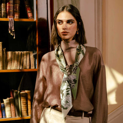 Sage Green Floral Italian Skinny Silk Scarf