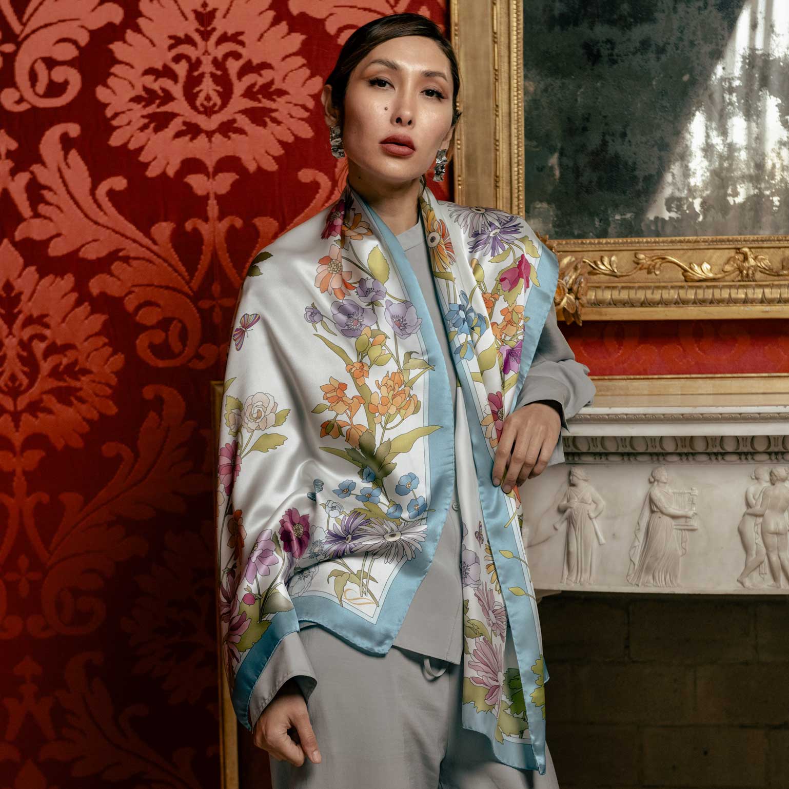 Blue floral luxury Italian silk scarf