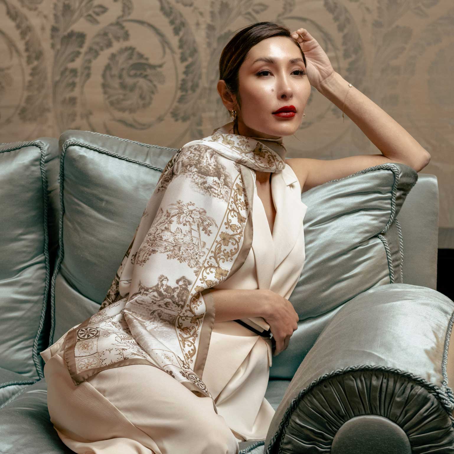 Women's Tan Toile de Jouy Silk Scarf