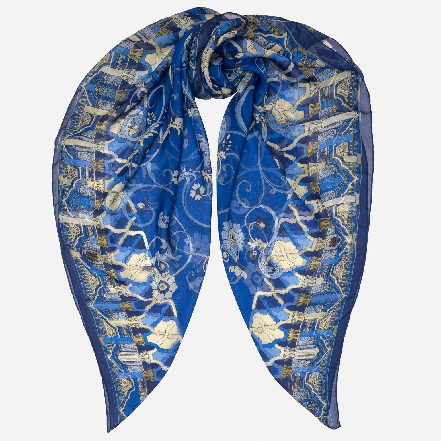 Blue Floral Silk Large Shawl Wrap