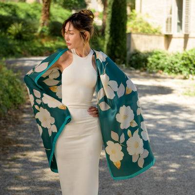 Italian Silk Satin Evening Shawl - Green