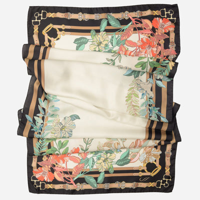 Italian Black Floral Long Silk Scarf