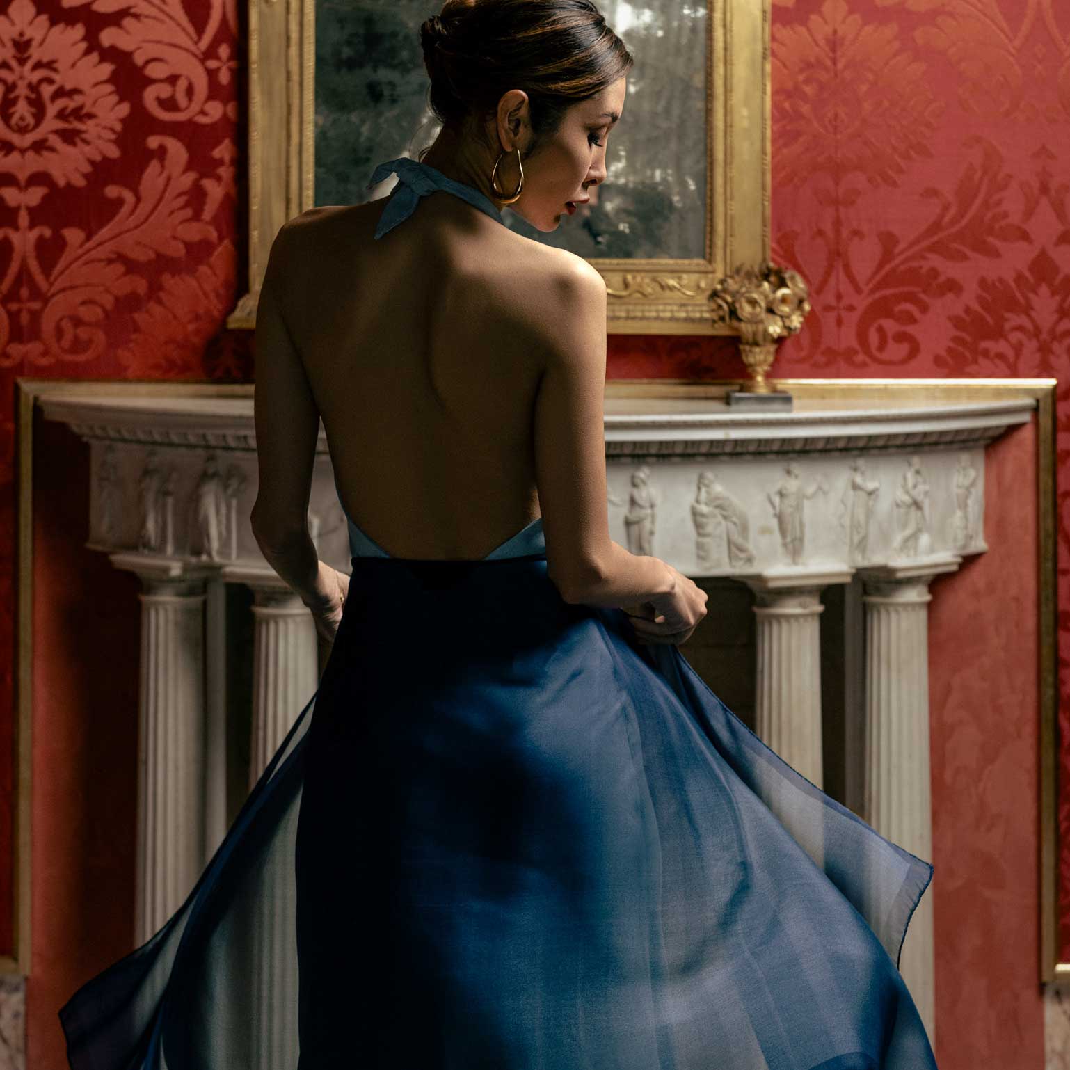 Navy Large Sheer Silk Wrap Shawl - Main Image