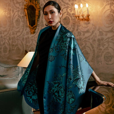 Women's luxury peacock blue silk shawl for dresses