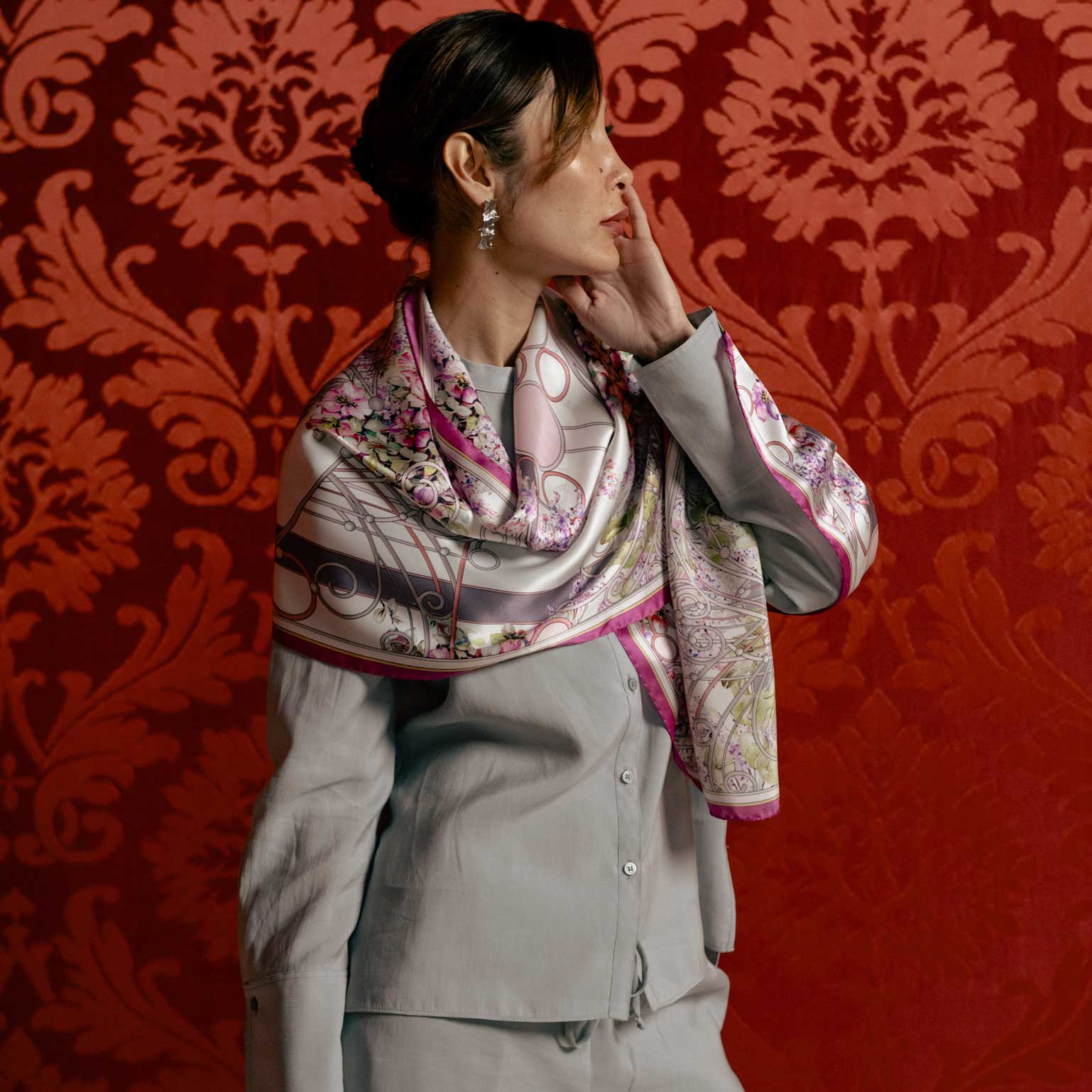 Women's luxury silk satin long scarf from Italy