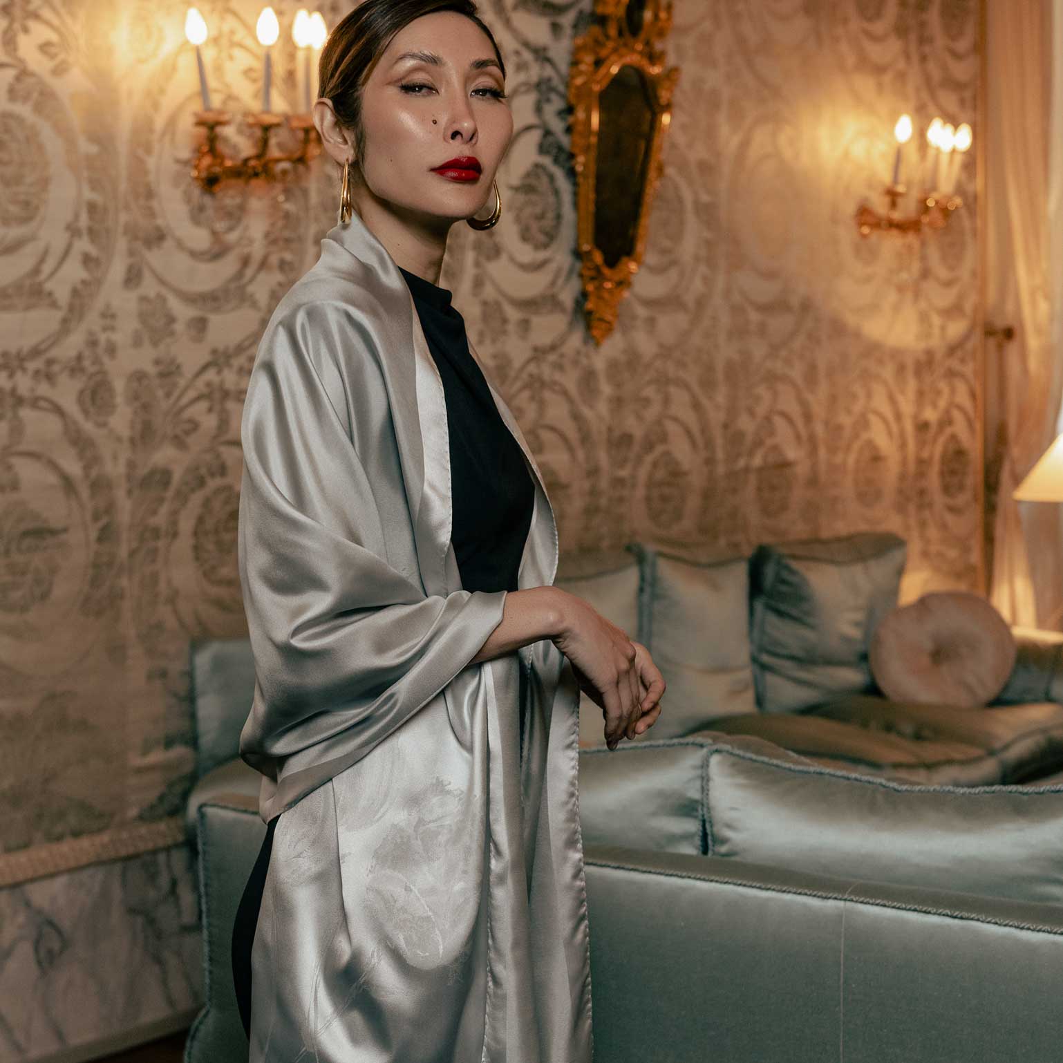 luxury silver silk evening shawl for dresses made in Italy