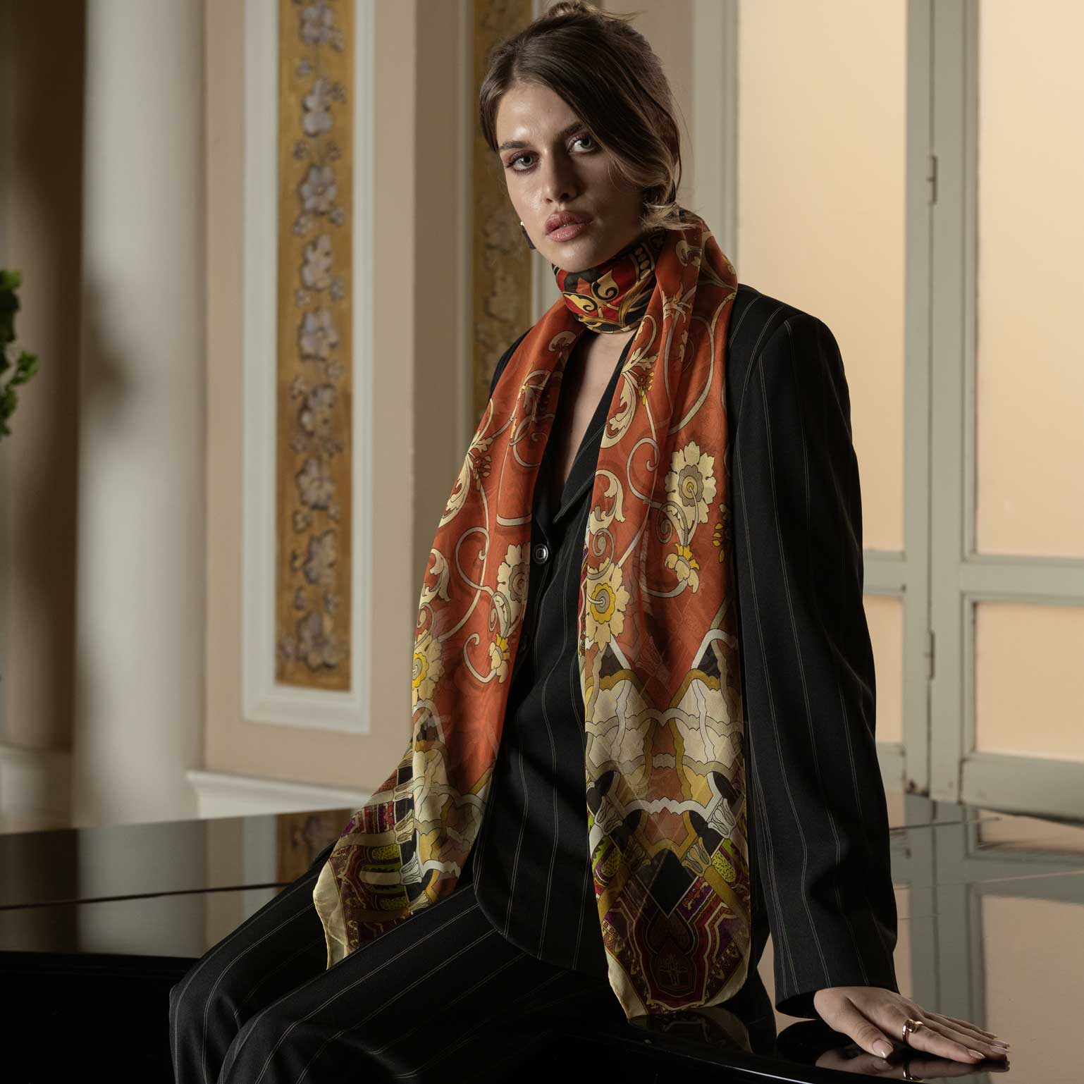 Orange Floral Silk Large Shawl Wrap