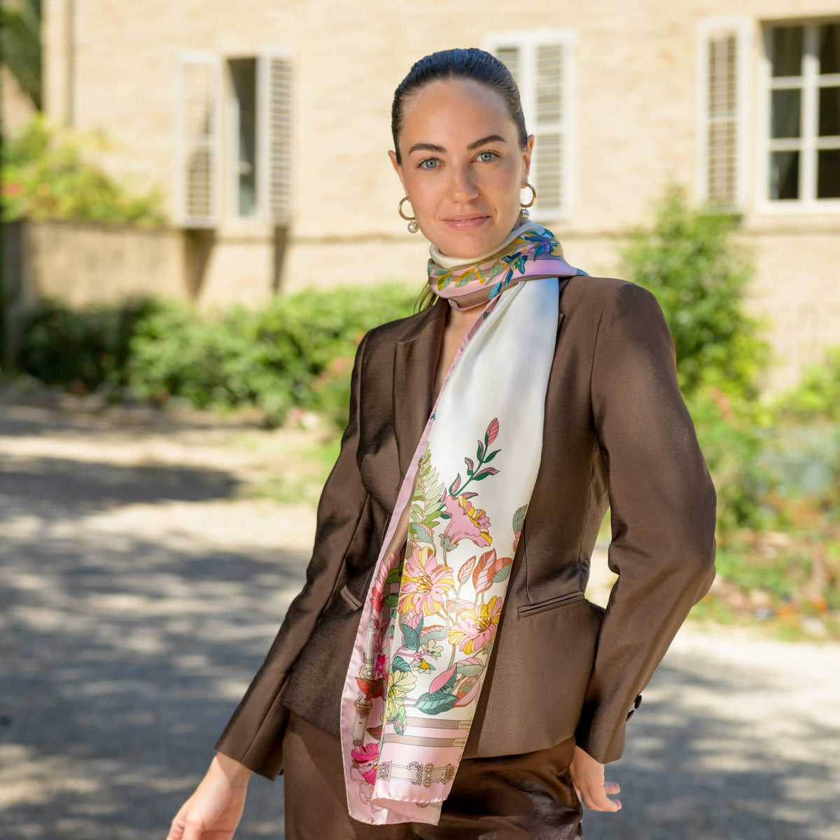 Italian Pink Floral Long Silk Scarf