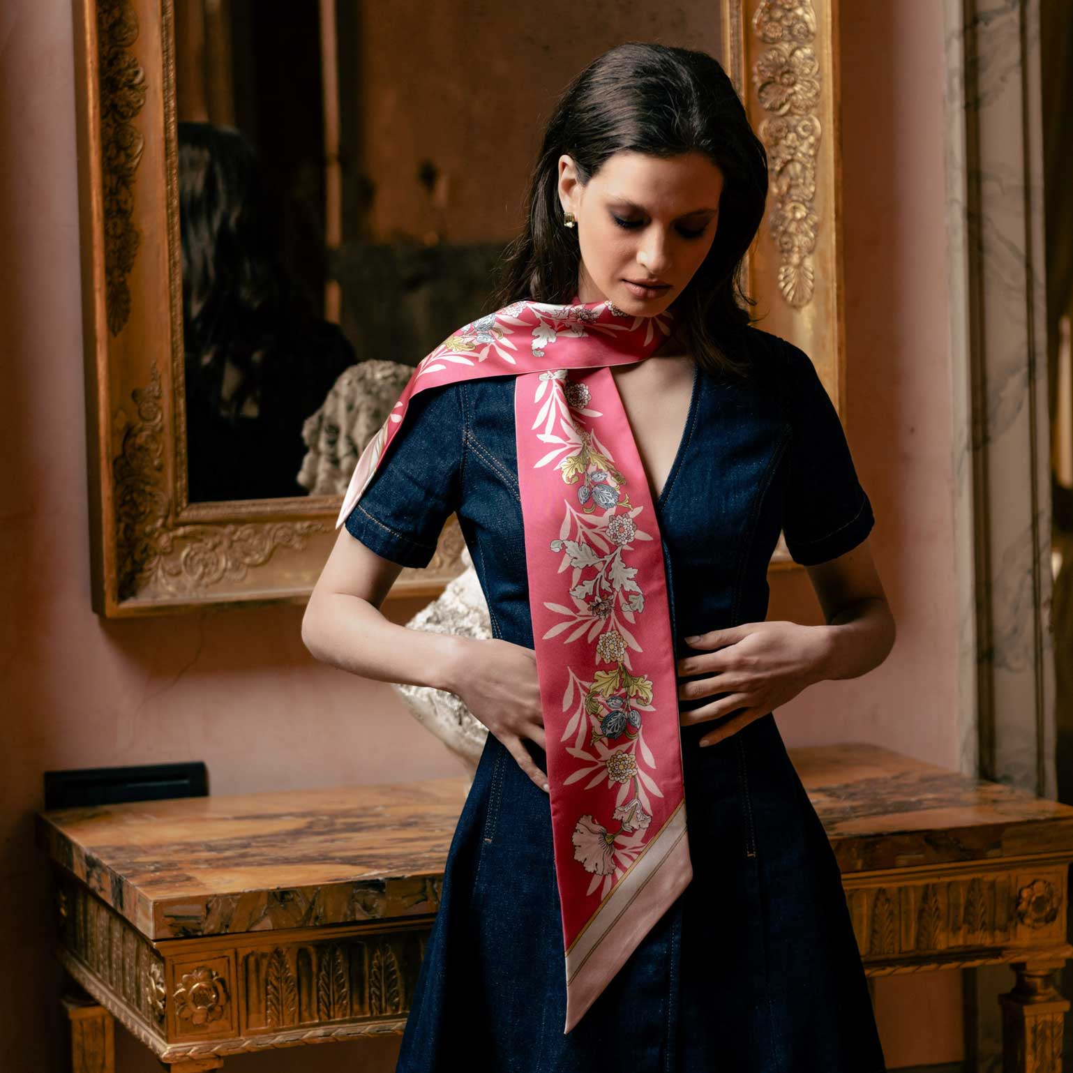 Sabrina Skinny Silk Scarf Pink - Main Image