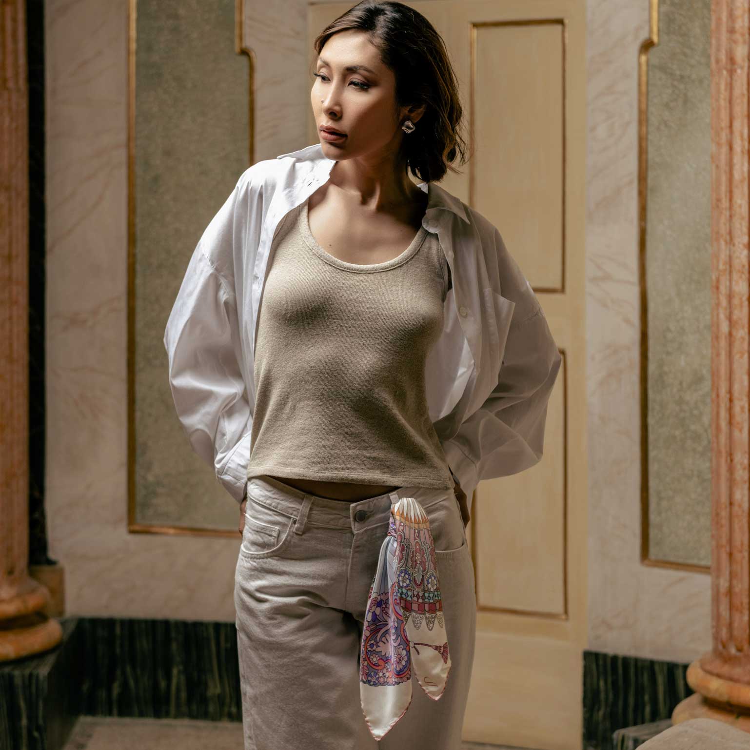 Luxury women's hand rolled silk neckerchief bandana