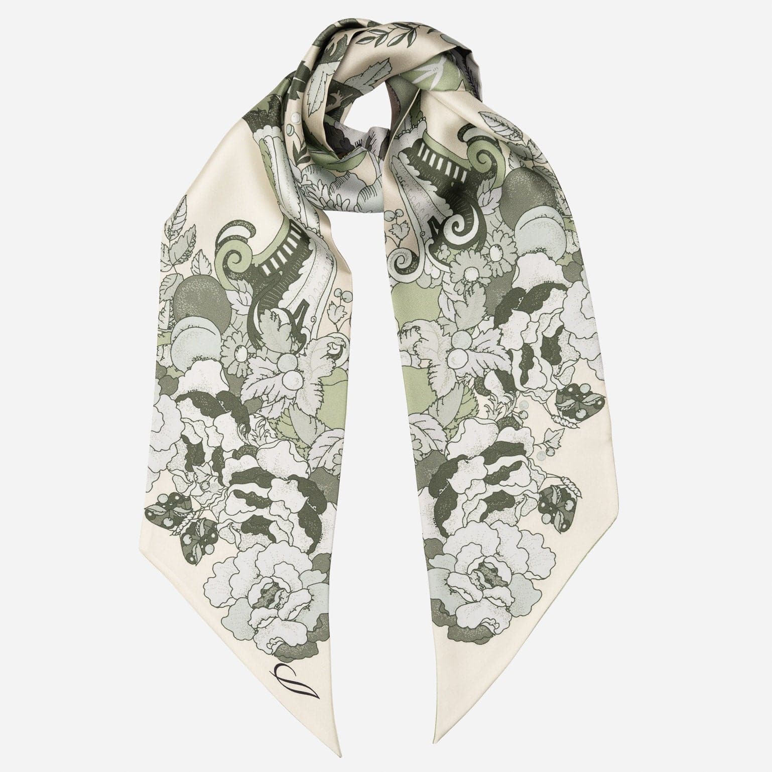 Sage Green Floral Italian Skinny Silk Scarf