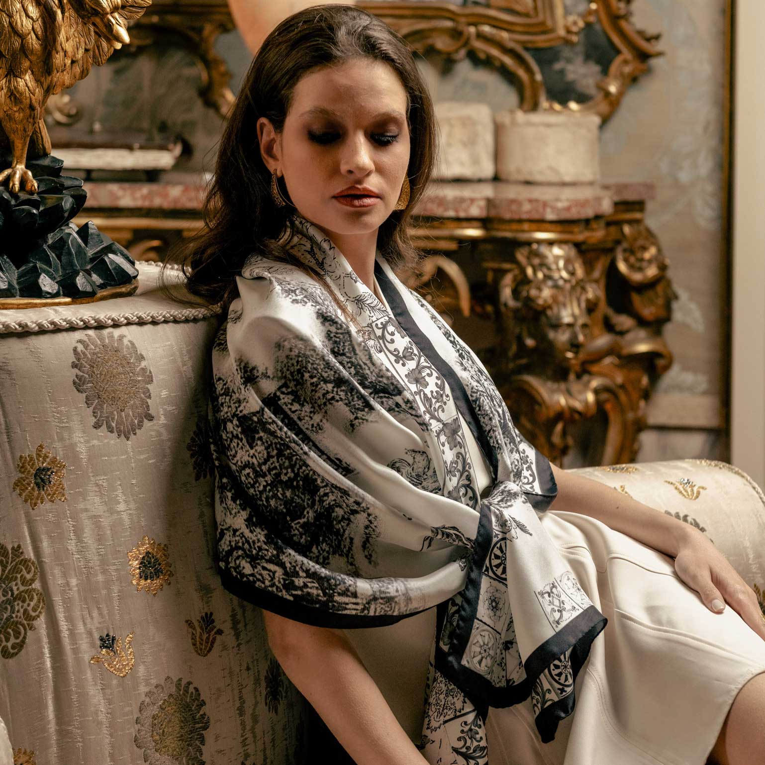 Women's Black Toile de Jouy Italian Silk Scarf