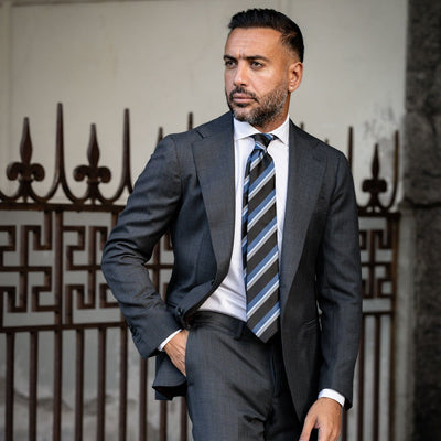 Men's woven blue and black stripe luxury handmade Italian silk tie