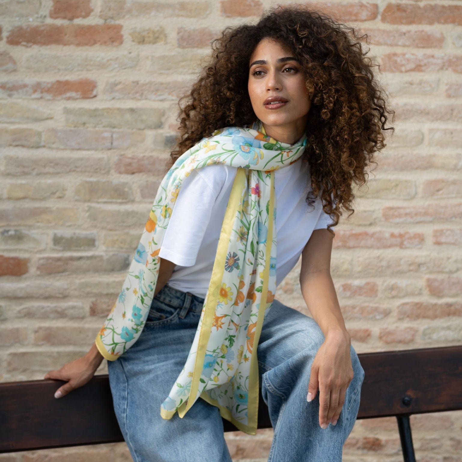 Yellow spring floral print Italian silk fashion scarf