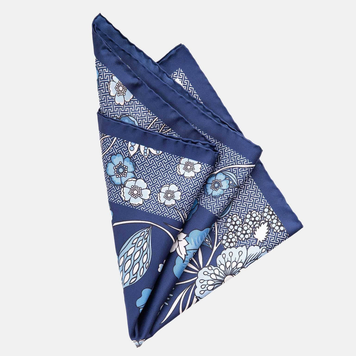 Blue Floral Print Silk Pocket Square - Hand-rolled