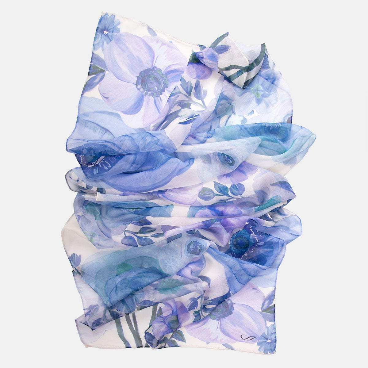 Womens Long Silk Scarf - Blue Floral Print 