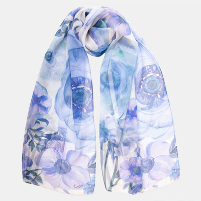 Womens Long Silk Scarf - Blue Floral Print 