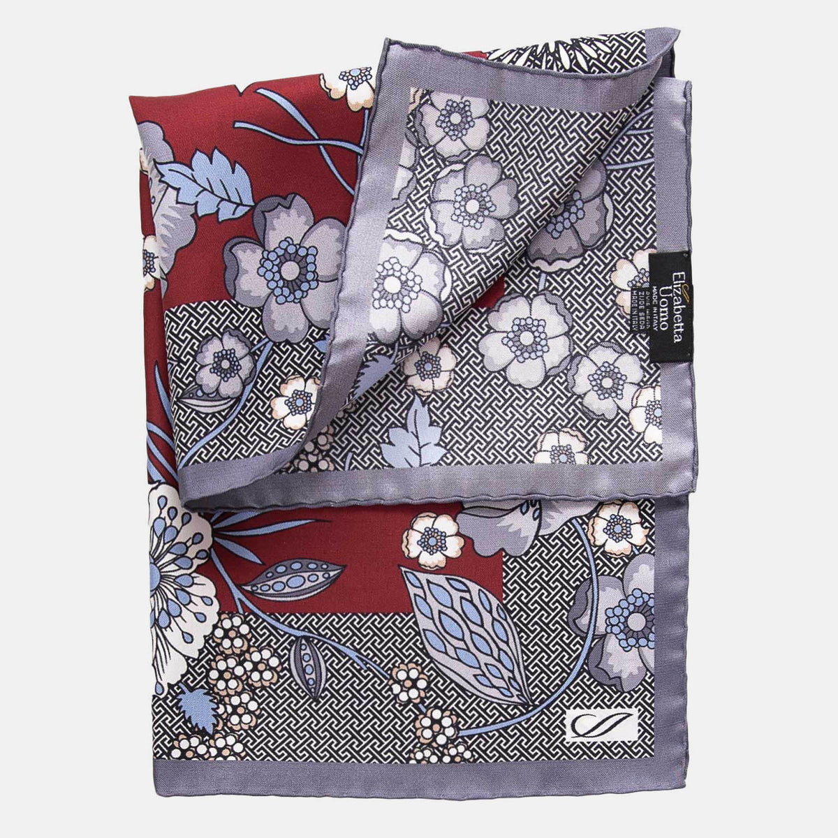 Burgundy Floral Pocket Square handmade in Como Italy