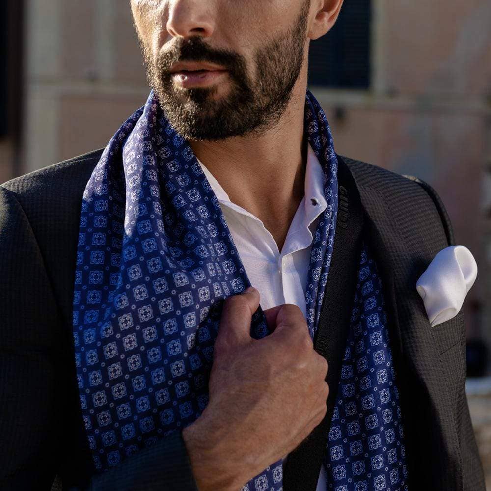 Mens Silk Dress Scarf - Blue - 100% Made in Italy