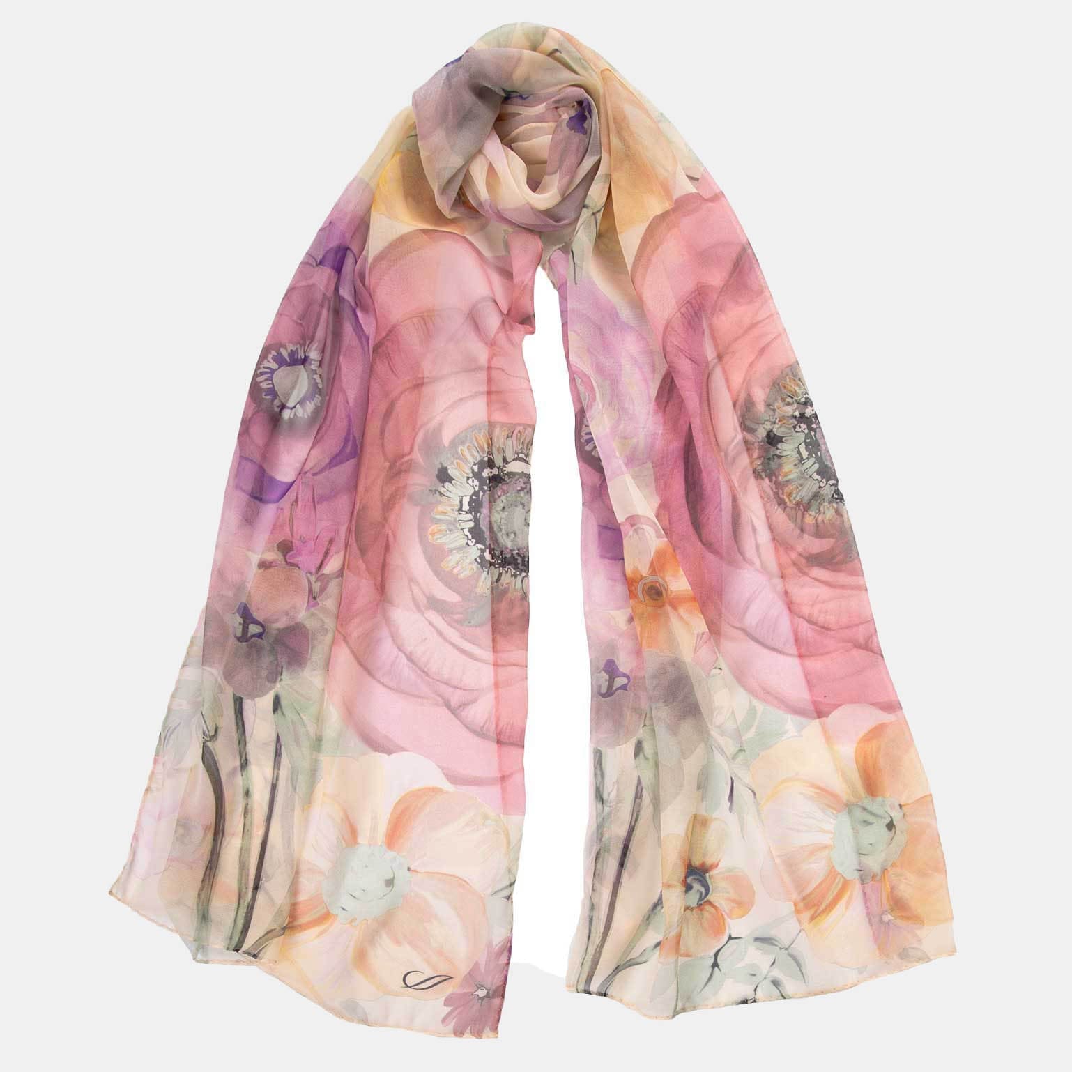 Long Silk Scarf - Pink Floral Print Sheer Georgette - Elizabetta