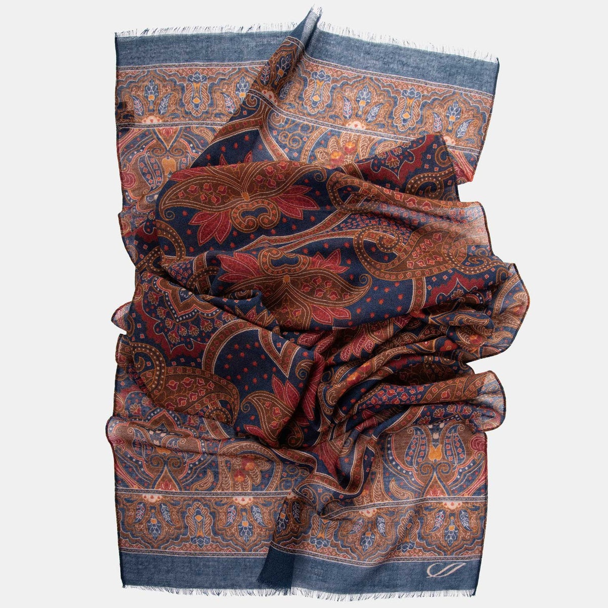 Large Lightweight Blue Burgundy Paisley Italian Wool Scarf