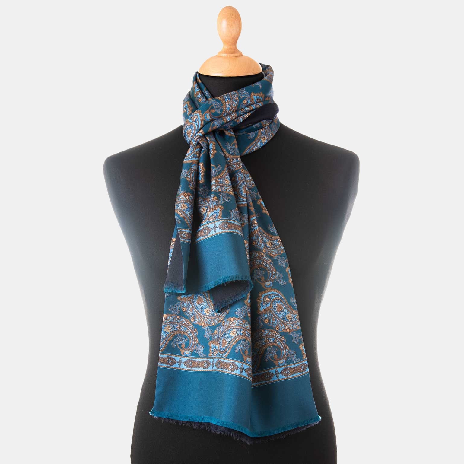 Italian Wool Reversible Scarf - Paisley to Chevron in Navy, Grey, and  Silver by Dion