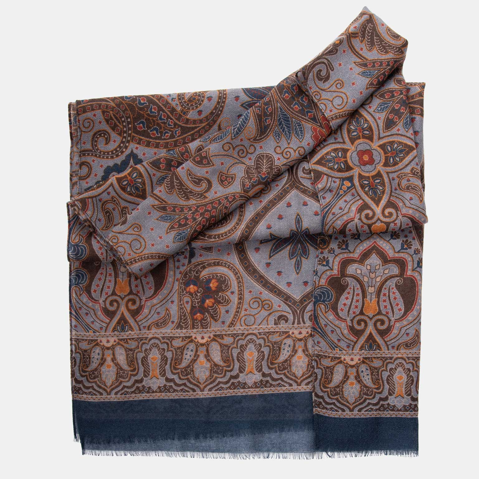 Lightweight Italian Wool Scarf - Steel Blue Paisley