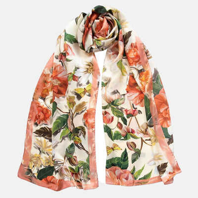 Peach Floral Silk Satin Long Scarf