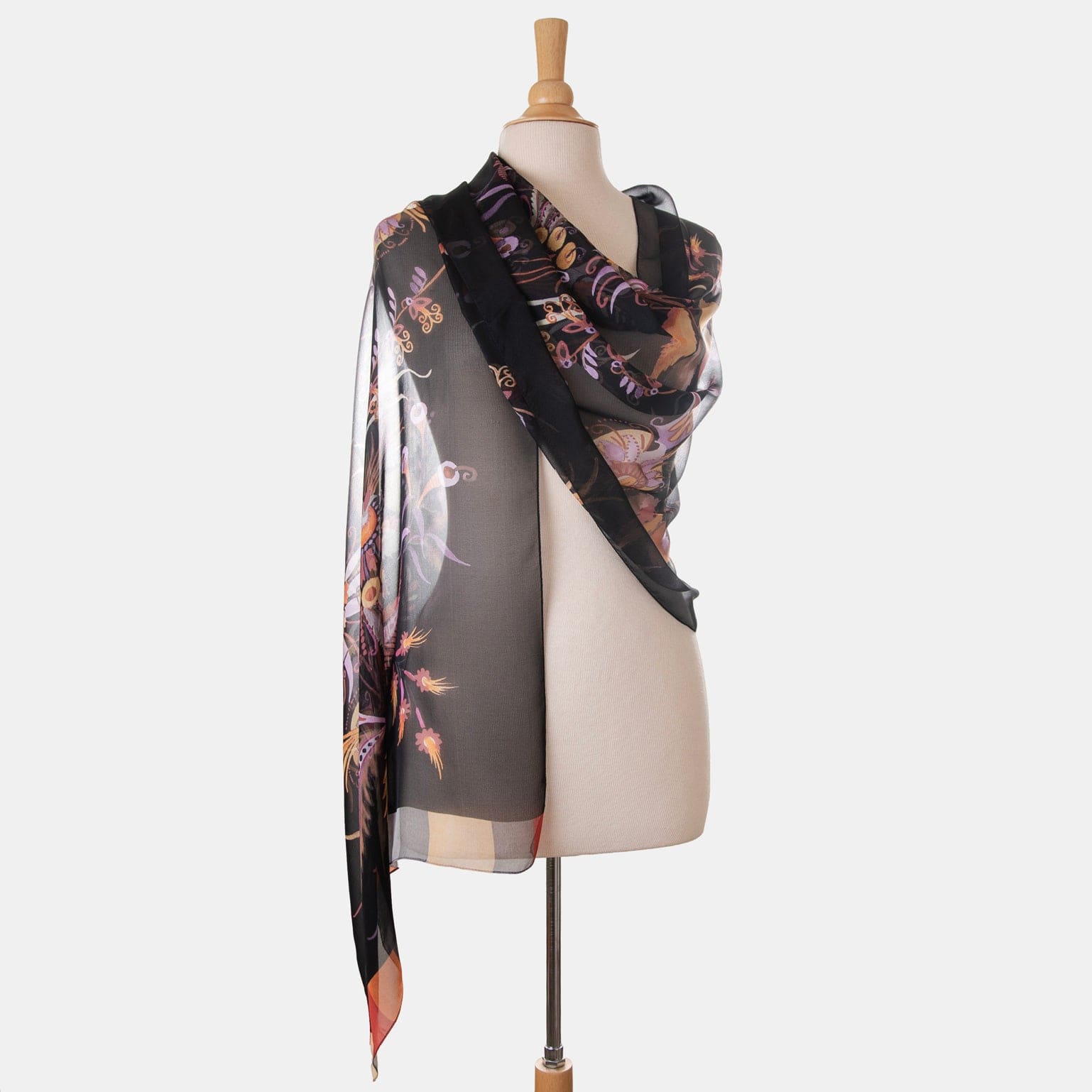Women's Italian Silk Chiffon Scarf Wrap - Black Floral