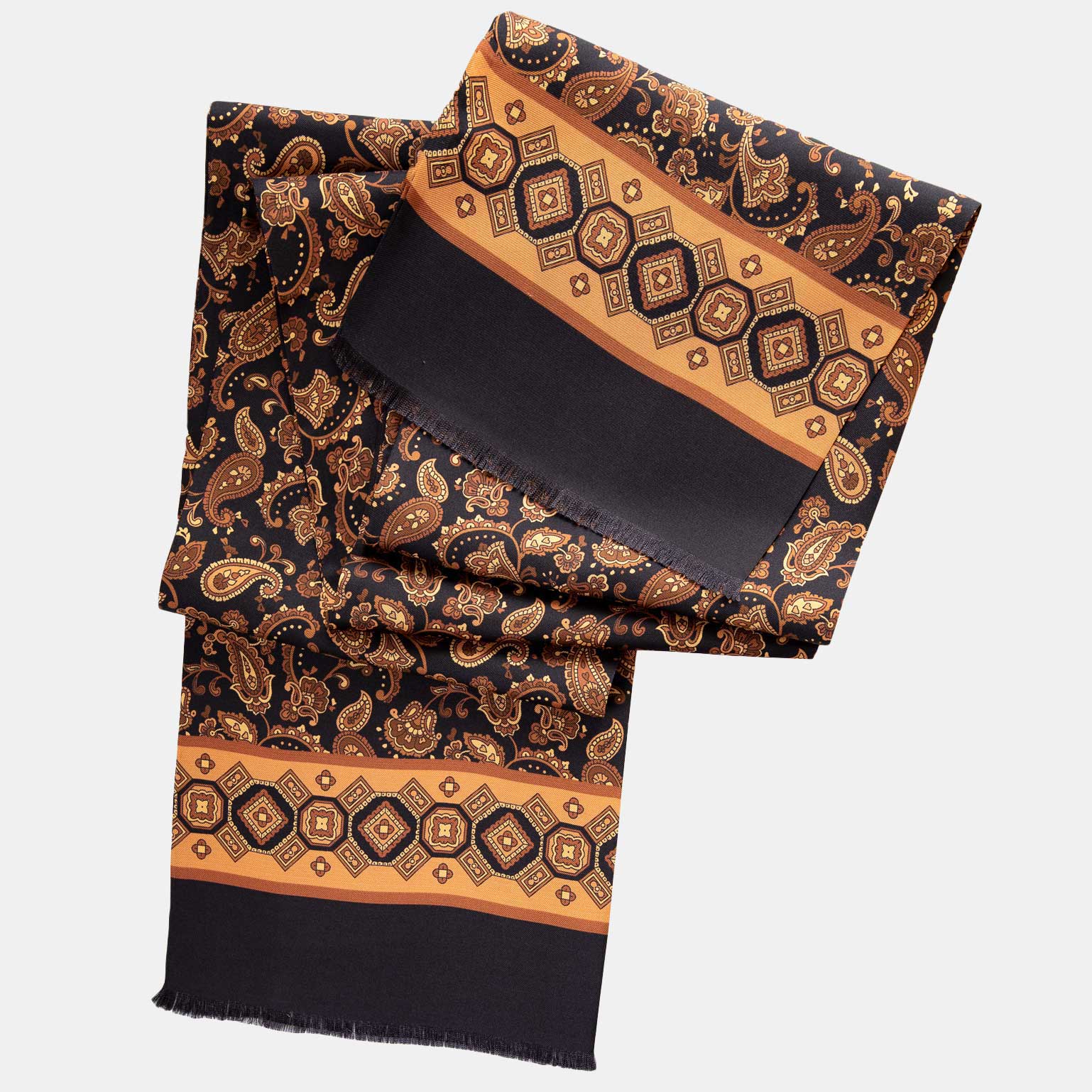 Elizabetta Italian Silk Wool Scarf - Black Gold Bronze Paisley