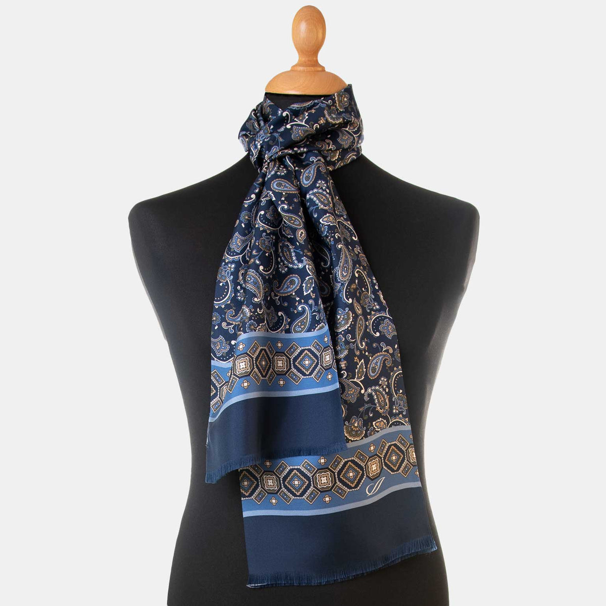 luxury blue silk paisley scarf