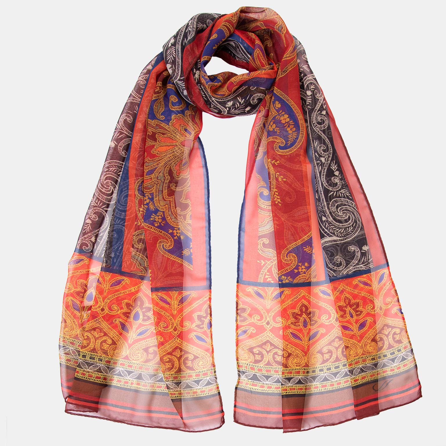 Red and Gold Ladies Silk Scarf, Women's Scarf in Red with Gold and Blue  Design Print