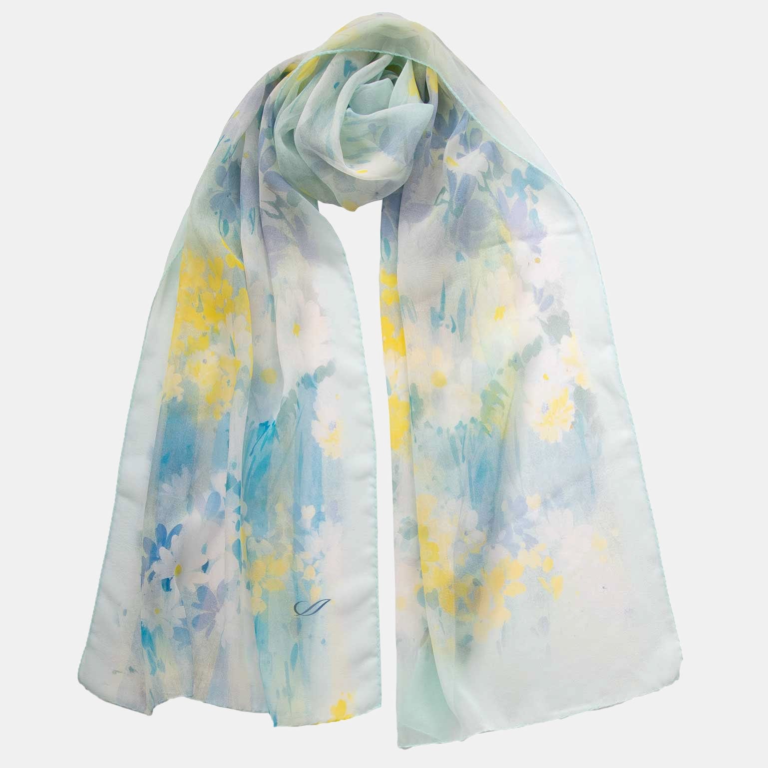 Women's Sky Blue Long Italian Silk Scarf - Floral Print