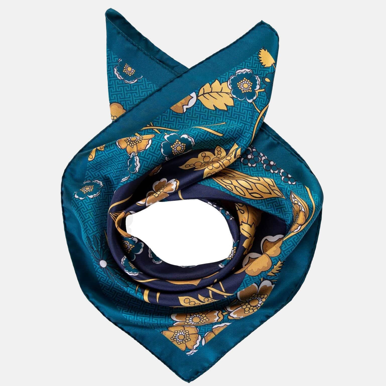 Floral and Chain Print Twill Silk Scarf - Navy