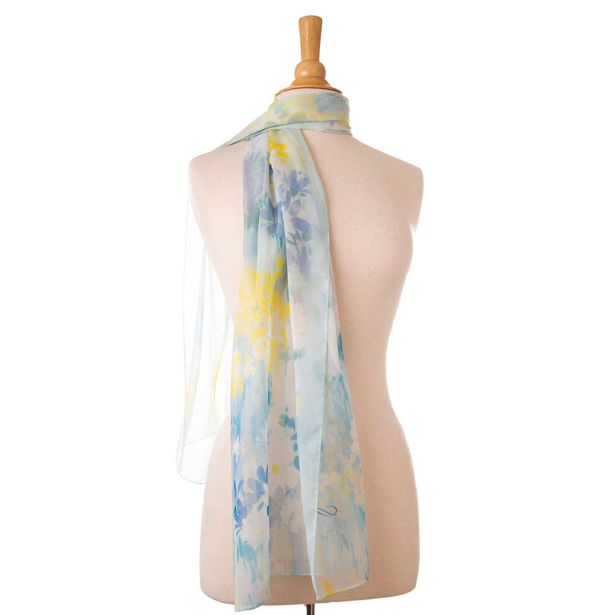 Women&#39;s Sky Blue Long Italian Silk Scarf - Floral Print