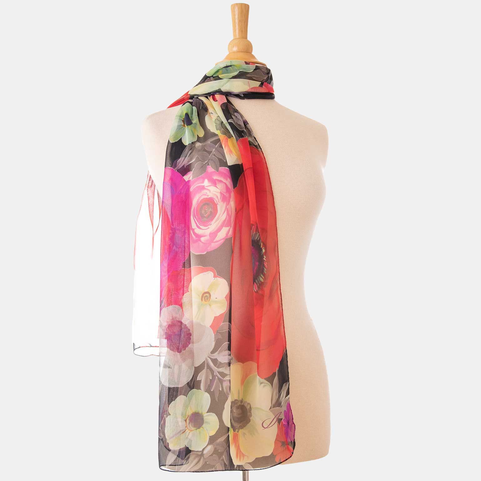 Womens Long Silk Scarf - Black and Red Floral Print