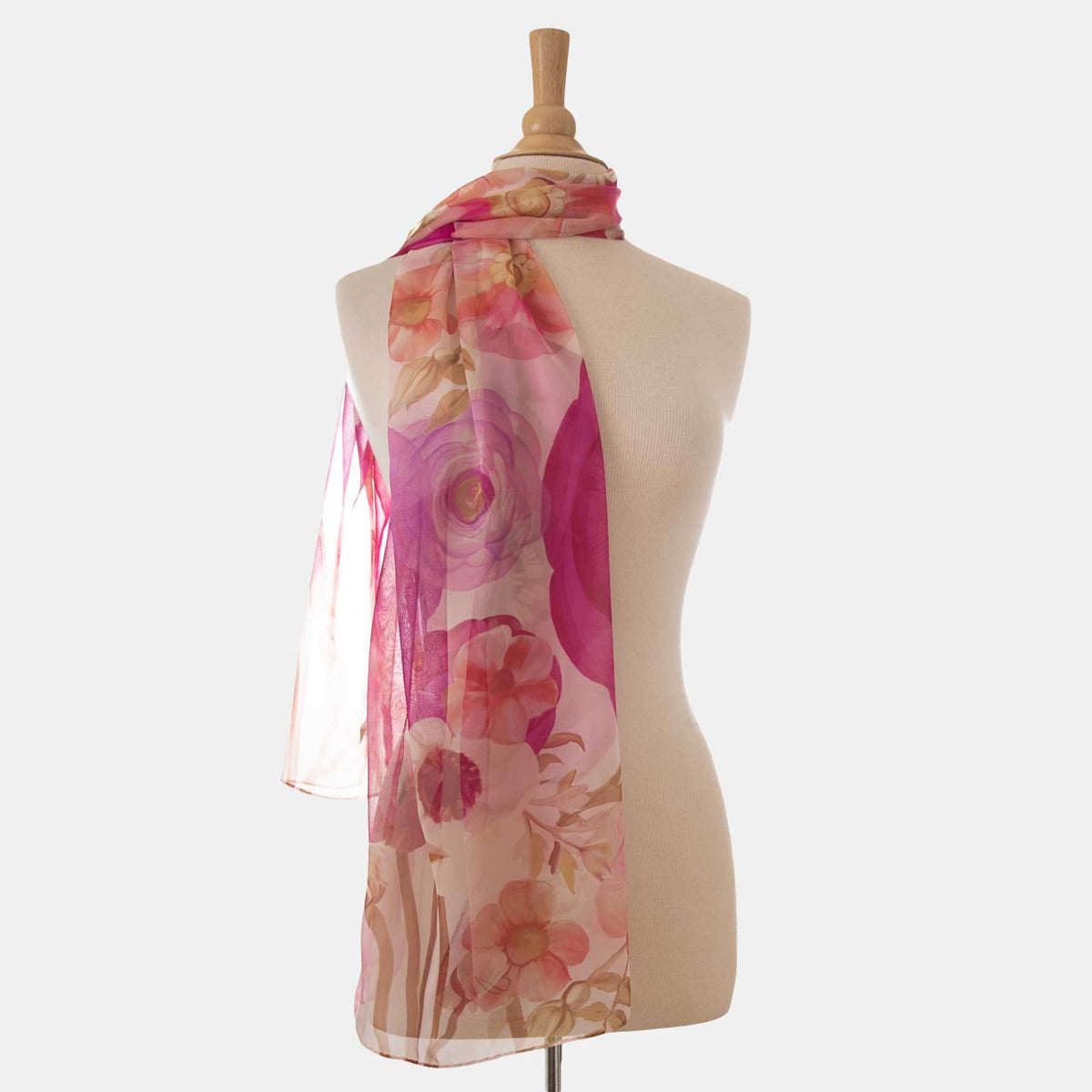 Long Silk Scarf - Pink Floral Print Sheer Georgette