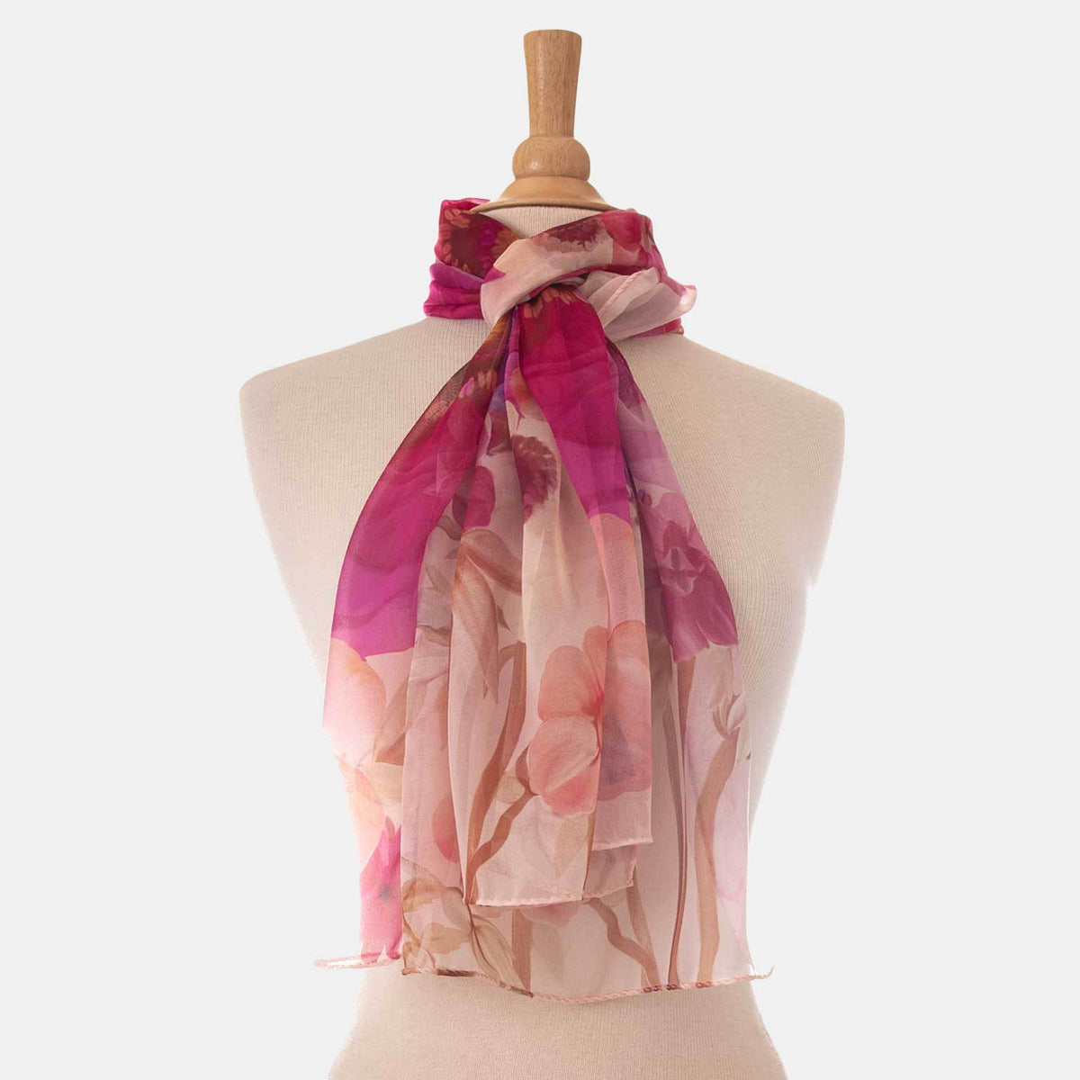 Long Silk Scarf - Pink Floral Print Sheer Georgette