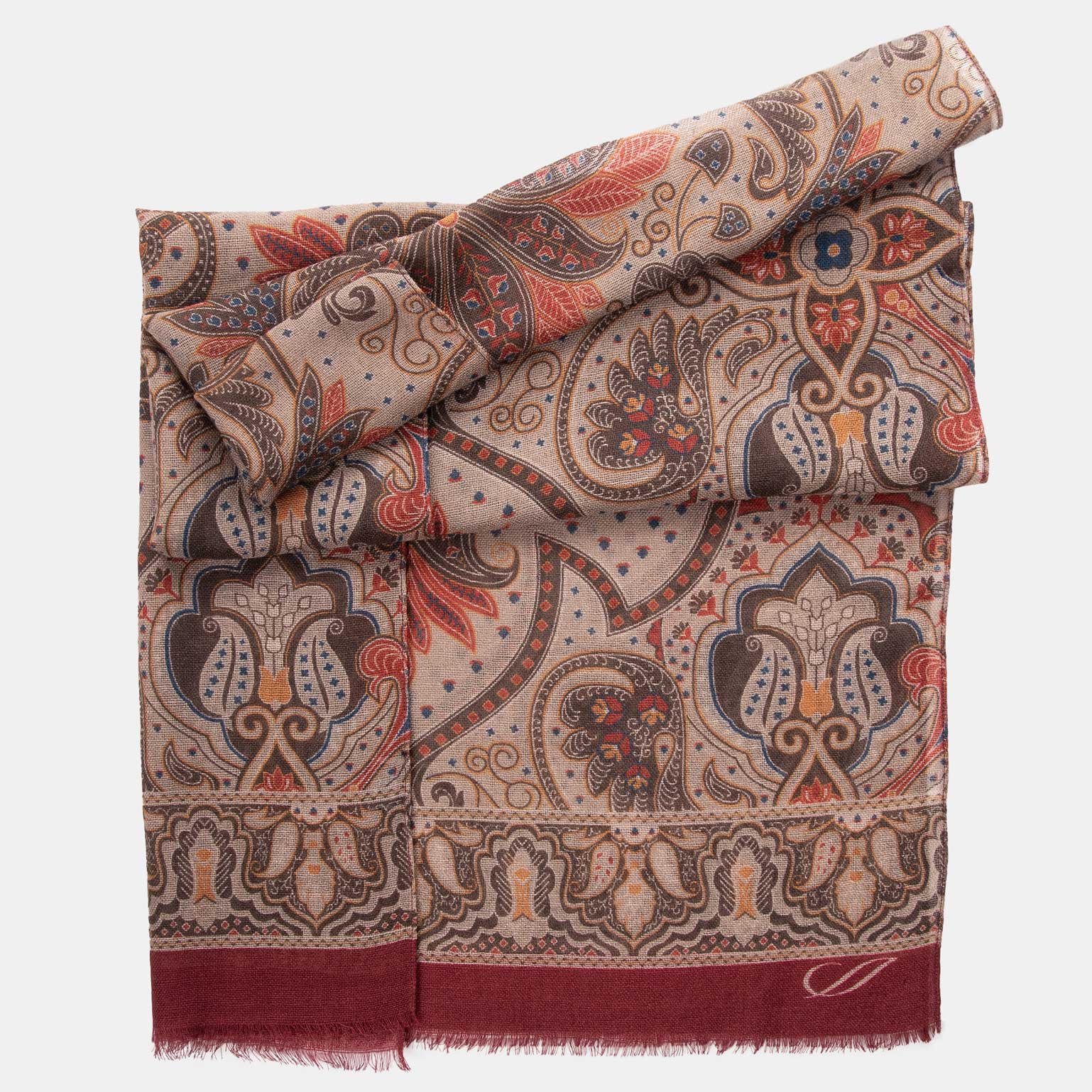 Beige & Brick Red Soft Lightweight Italian Wool Scarf