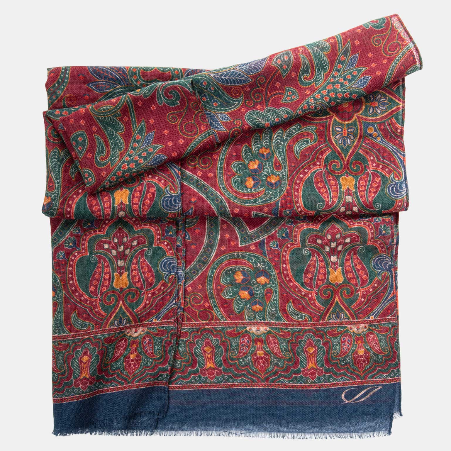 Large Lightweight Italian Wool Scarf - Dark Red Paisley