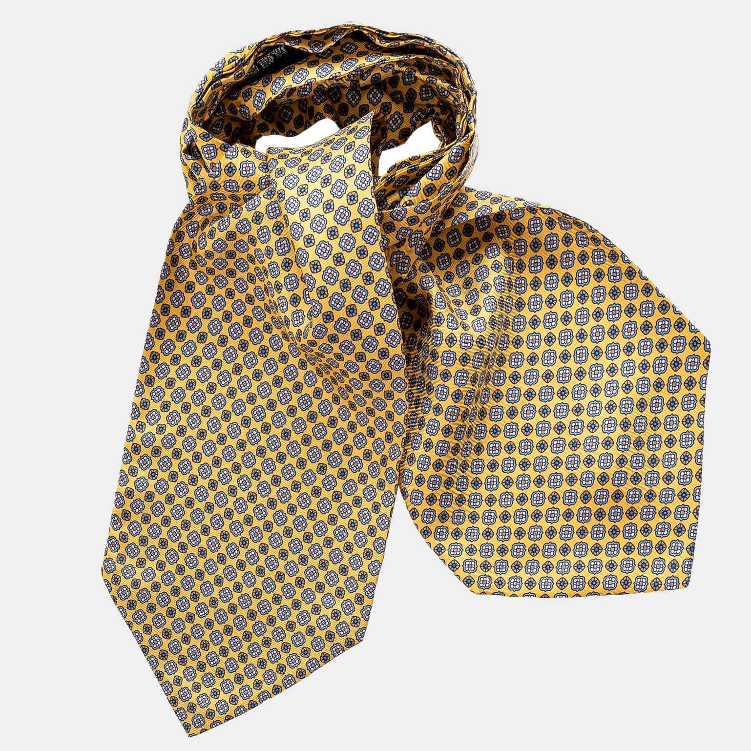 Silk Ascot Tie - Yellow & Blue Print - Made in Italy